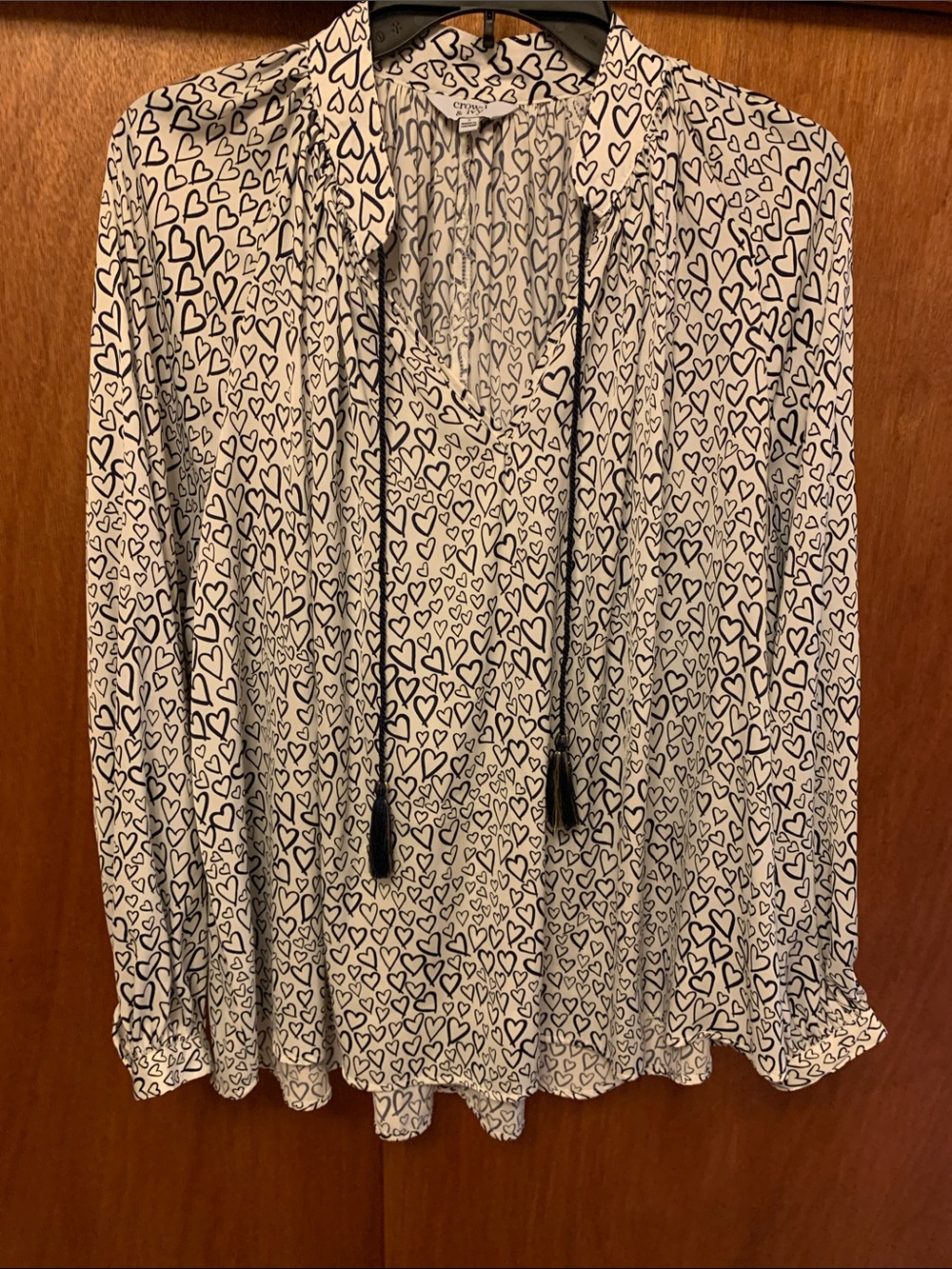crown & ivy Ivory Blouse with Black Heart Print